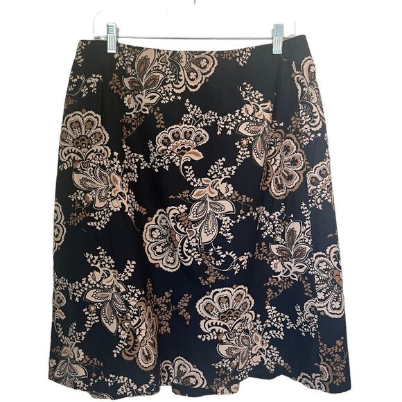 Harold's Navy Blue Tan Pleated Floral Pattern A-Line 100% Cotton Sum Skirt sz 12 - Picture 2 of 7